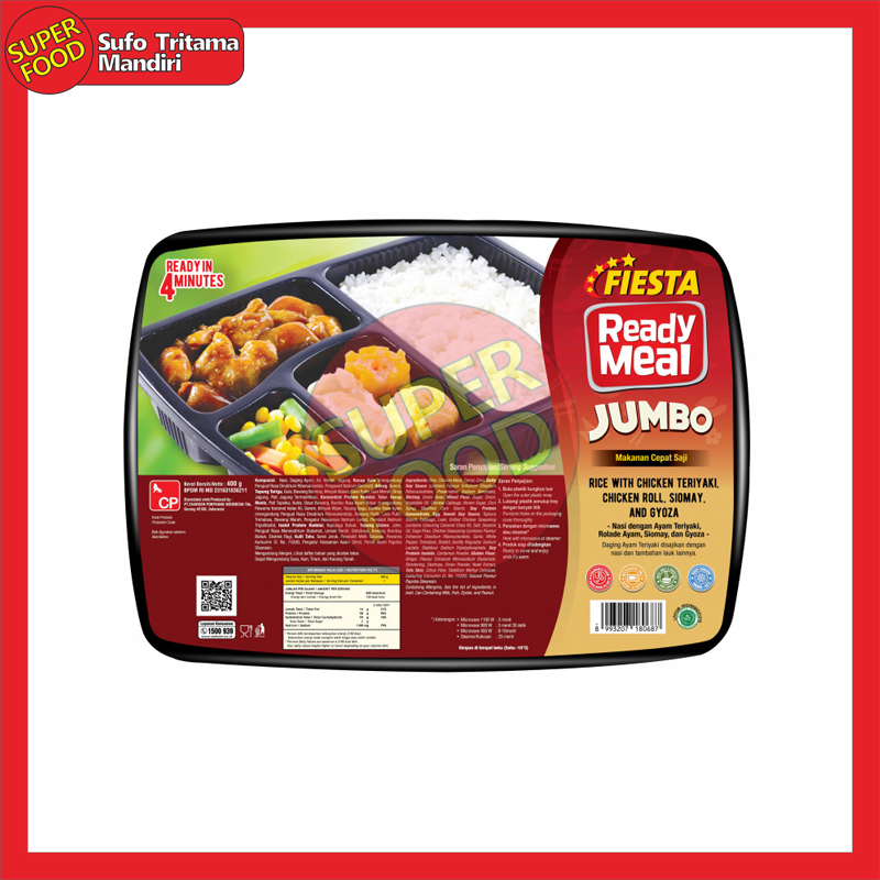 Fiesta Ready Meal Jumbo Rice With Chicken Teriyaki, Chicken Roll, Siomay, and Gyoza